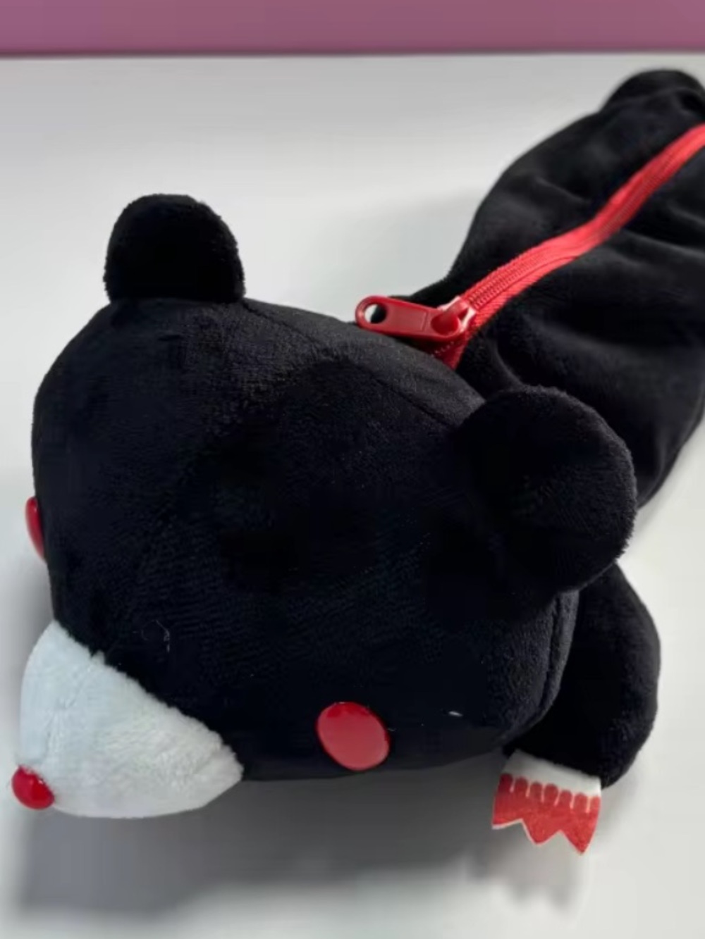 Black Plush Bear Zipper Pencil Case with Red Accents